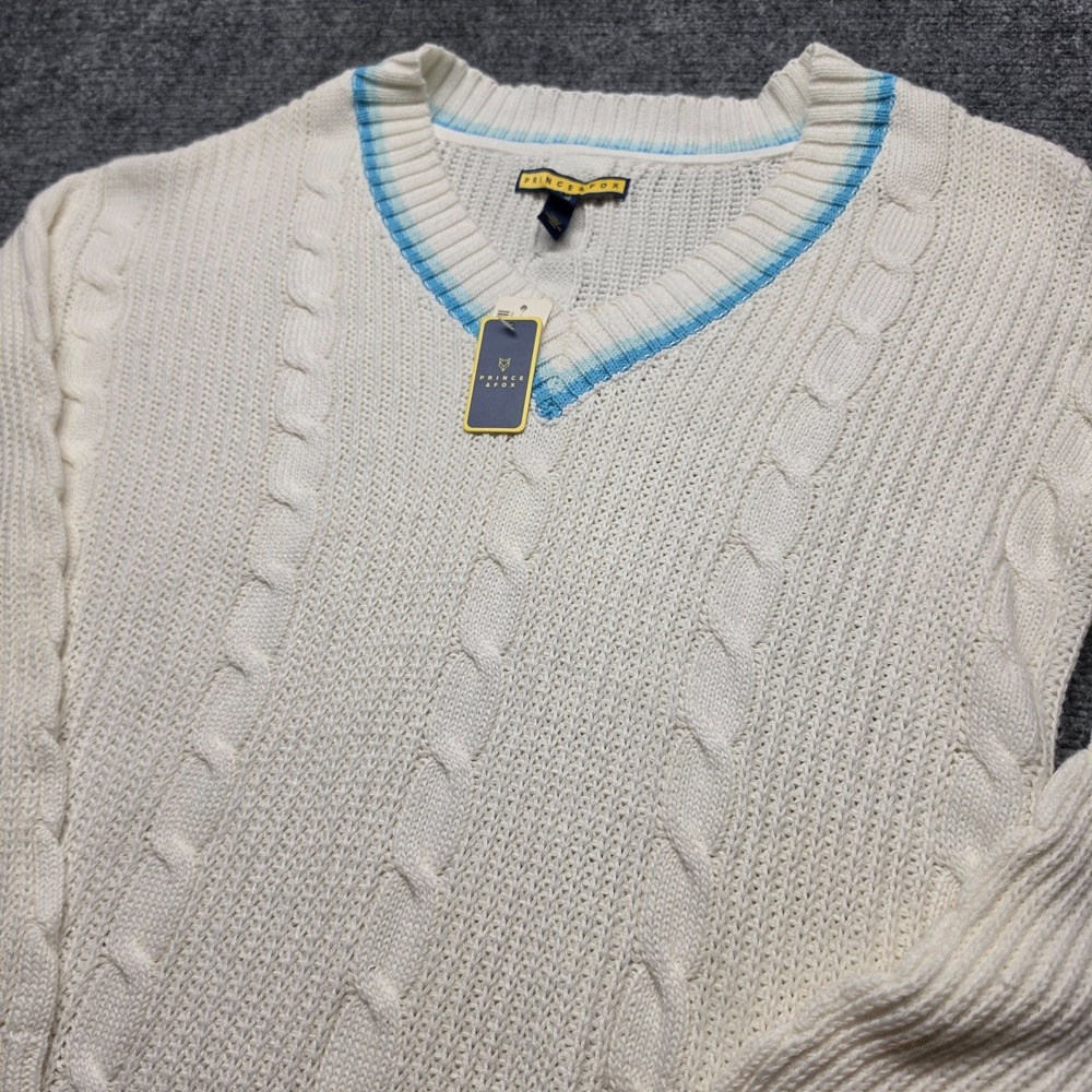 Prince & Fox V-Neck Cricket Sweater Medium NWT Cable Knit Tipped Rim Cream Blue